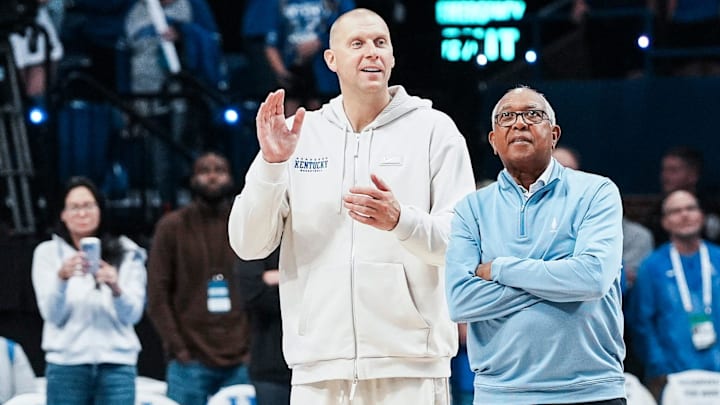 Kentucky Wildcats Mark Pope and former UK coach Tubby Smith at the 2025 Big Blue Madness at Rupp Arena in Lexington, Kentucky Saturday, Oct. 11, 2025.