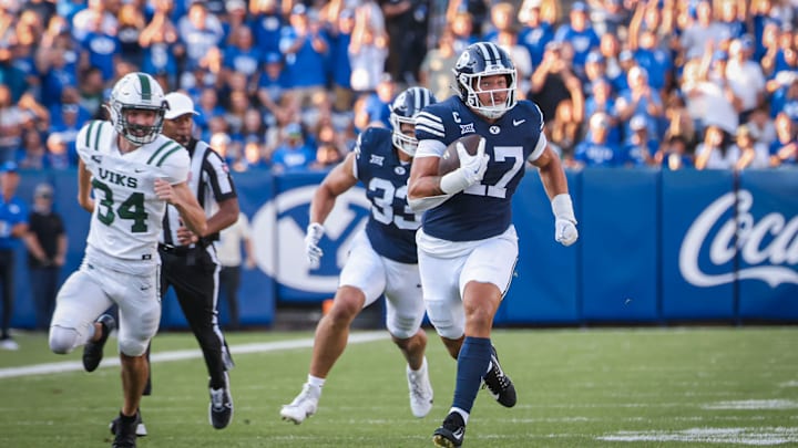 BYU linebacker Jack Kelly returns a blocked field goal for a touchdown against Portland State