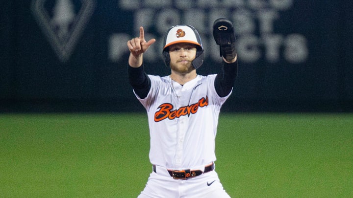 Oregon State's Canon Reeder (23) celebrates hitting a double during an NCAA college baseball game at Goss Stadium on Friday, March 7, 2025, in Corvallis, Ore. Oregon State's Canon Reeder (23) celebrates hitting a double during an NCAA college baseball game at Goss Stadium on Friday, March 7, 2025, in Corvallis, Ore.