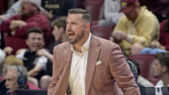 Dec 2, 2025; Tallahassee, Florida, USA; Florida State Seminoles head coach Luke Loucks during the first half of the game against the Georgia Bulldogs at Donald L. Tucker Center. Mandatory Credit: Melina Myers-Imagn Images
