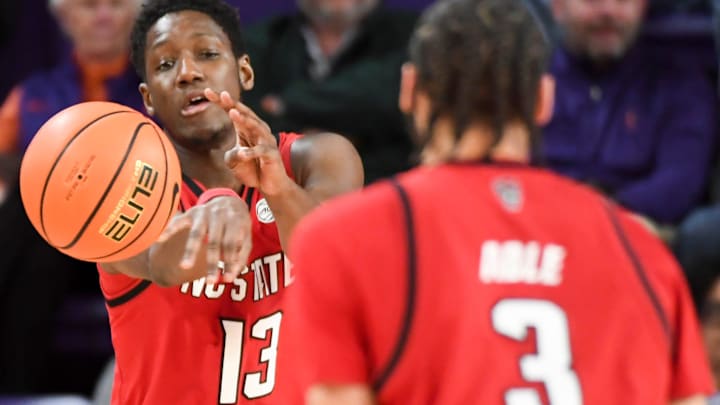 NC State Wolfpack forward Musa Sagnia (13) passes the ball to guard Matt Able (3) Tuesday, Jan. 20, 2026 against Clemson.