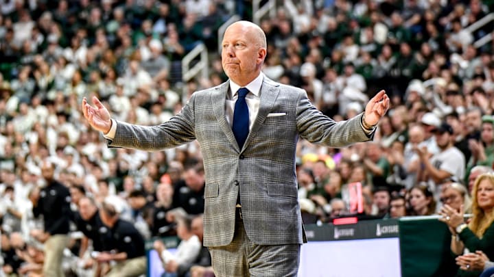 UCLA's head coach Mick Cronin reacts during the first half against Michigan State on Tuesday, Feb. 17, 2026, at the Breslin Center in East Lansing.
