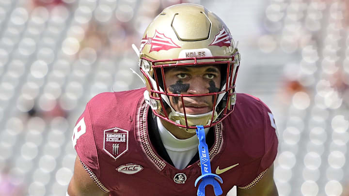 Sep 14, 2024; Tallahassee, Florida, USA; Florida State Seminoles defensive back Azareye'h Thomas (8) warms up before a game against the Memphis Tigers at Doak S. Campbell Stadium. Mandatory Credit: Melina Myers-Imagn Images