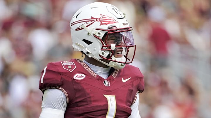 Sep 20, 2025; Tallahassee, Florida, USA; Florida State Seminoles quarterback Thomas Castellanos (1) during the first half against the Kent State Golden Flashes at Doak S. Campbell Stadium. Mandatory Credit: Melina Myers-Imagn Images