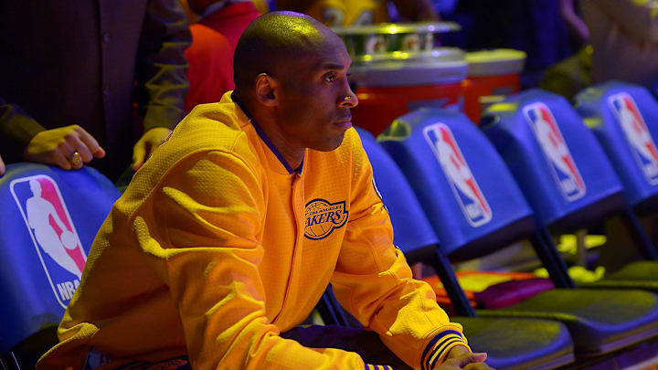 Mar 10, 2016; Los Angeles, CA, USA;  Los Angeles Lakers forward Kobe Bryant (24) waits on the bench before the start of the game against the Cleveland Cavaliers at Staples Center. Mandatory Credit: Jayne Kamin-Oncea-USA TODAY Sports