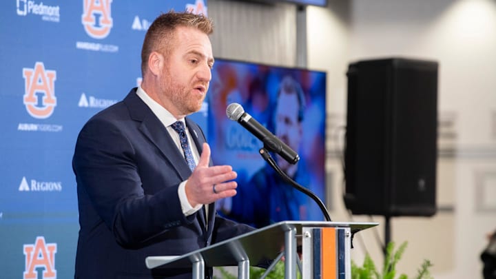 Auburn football head coach Alex Golesh speaks during his introductory press conference at Jordan-Hare Stadium in Auburn, Ala. on Monday, Dec. 1, 2025.