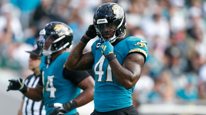Dec 15, 2024; Jacksonville, Florida, USA; Jacksonville Jaguars defensive end Josh Hines-Allen (41) prepares for the snap against the New York Jets during the third quarter at EverBank Stadium. Mandatory Credit: Morgan Tencza-Imagn Images