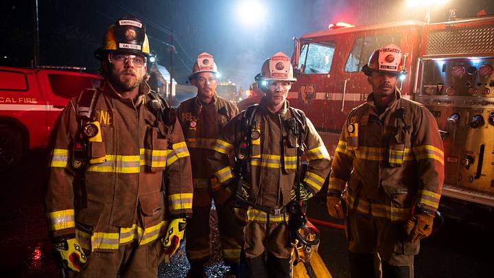 Fire Country on CBS – Pictured (L-R): Max Thieriot as Bode Leone, Kevin Alejandro as Manny Perez, Shawn Hatosy as Chief Brett Richards, and Jordan Calloway as Jake Crawford. 