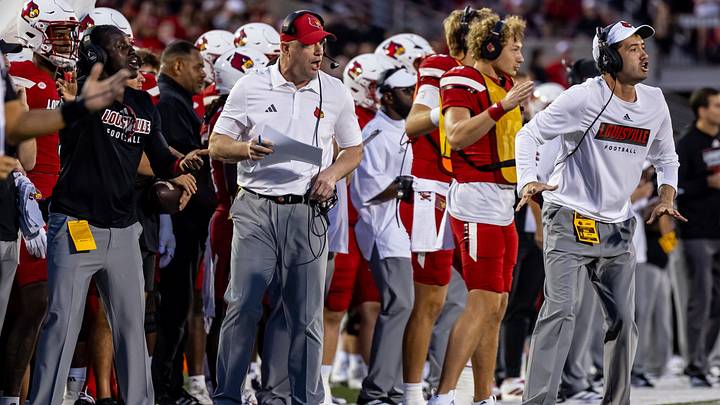 Jeff Brohm on the sidelines vs James Madison Jeff Brohm on the sidelines vs James Madison