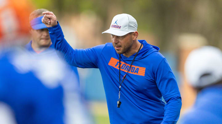 Florida head football coach Jon Sumrall reacts during spring practice at Sanders Practice Fields in Gainesville, FL on Tuesday, March 24, 2026. [Alan Youngblood/Gainesville Sun]