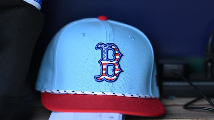 Jul 4, 2025; Washington, District of Columbia, USA; A 4th of July themed Boston Red Sox cap rests in the dugout during a game against the Washington Nationals at Nationals Park. Mandatory Credit: Rafael Suanes-Imagn Images Jul 4, 2025; Washington, District of Columbia, USA; A 4th of July themed Boston Red Sox cap rests in the dugout during a game against the Washington Nationals at Nationals Park. Mandatory Credit: Rafael Suanes-Imagn Images