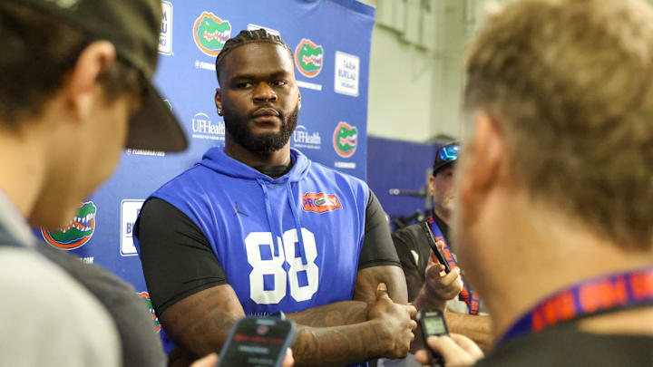 Florida defensive lineman Caleb Banks (88) speaks to the media during Pro Day at Sanders Practice Fields in Gainesville, FL on Thursday, March 26, 2026. [Alan Youngblood/Gainesville Sun]