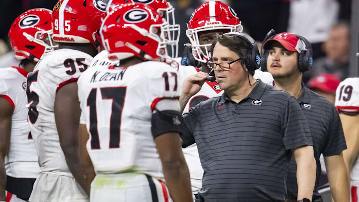Jan 10, 2022; Indianapolis, IN, USA; Georgia Bulldogs senior defensive analyst Will Muschamp against the Alabama Crimson Tide in the 2022 CFP college football national championship game at Lucas Oil Stadium. Mandatory Credit: Mark J. Rebilas-Imagn Images