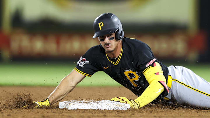 Mar 9, 2026; Tampa, Florida, USA; Pittsburgh Pirates shortstop Konnor Griffin (75) runs to second base on a two-RBI double against the New York Yankees in the fifth inning during spring training at George M. Steinbrenner Field. Mandatory Credit: Nathan Ray Seebeck-Imagn Images