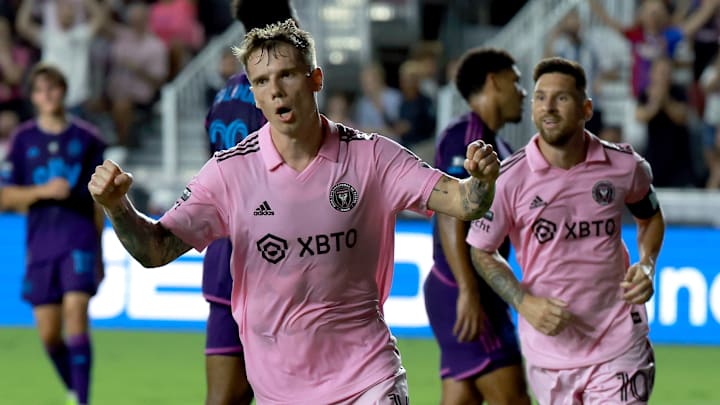 Inter Miami forward Robert Taylor celebrates his fourth goal of the Leagues Cup tournament in a 4-0 win over Charlotte FC.