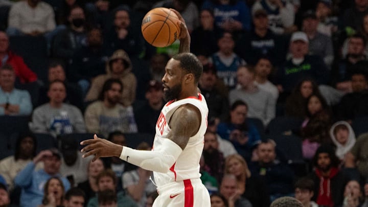 Apr 2, 2024; Minneapolis, Minnesota, USA; Houston Rockets forward Jeff Green (32) rebounds against the Timberwolves. 