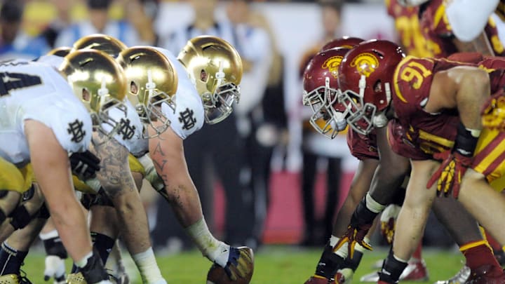 Nov 24, 2012; Los Angeles, CA, USA; A view down the line of scrimmage during the game between Notre Dame Fighting Irish and the Southern California Trojans at the Los Angeles Memorial Coliseum. Notre Dame defeated USC 22-13.
