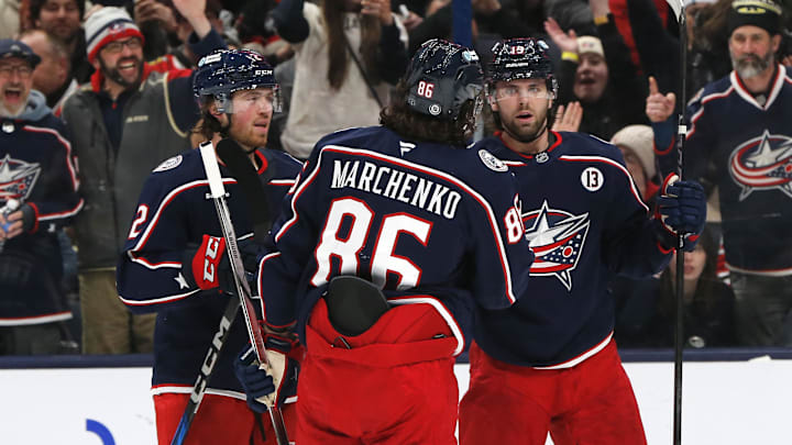 Columbus Blue Jackets center Adam Fantilli celebrates his goal against the Chicago Blackhawks.