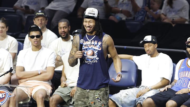 Jun 24, 2025; Oklahoma City, OK, USA; Oklahoma City Thunder forward Jaylin Williams (6) speaks to fans during the Champions Opening Ceremony for the parade inside the Paycom Center. Mandatory Credit: Alonzo Adams-Imagn Images