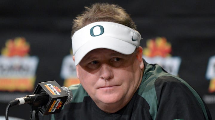 Jan 3, 2013; Glendale, AZ, USA; Oregon Ducks coach Chip Kelly at press conference after the 2013 Fiesta Bowl against the Kansas State Wildcats at University of Phoenix Stadium. Oregon defeated Kansas 35-17. 
