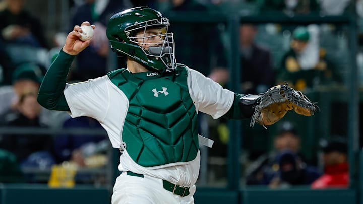 Mar 31, 2025; West Sacramento, California, USA; Athletics catcher Shea Langeliers during the game against the Chicago Cubs at Sutter Health Park. Mandatory Credit: Sergio Estrada-Imagn Images