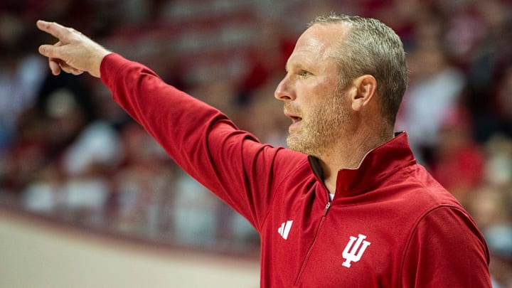 Indiana head coach Darian DeVries instructs his team during an exhibition game against Marian at Simon Skjodt Assembly Hall. Indiana head coach Darian DeVries instructs his team during an exhibition game against Marian at Simon Skjodt Assembly Hall.
