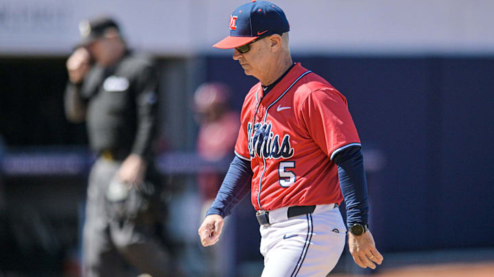 Ole Miss head coach Mike Bianco (5) returns to the dugout after a mound visit during the game against Mississippi State in Oxford, Miss. on Saturday, March 28, 2026. Ole Miss head coach Mike Bianco (5) returns to the dugout after a mound visit during the game against Mississippi State in Oxford, Miss. on Saturday, March 28, 2026.
