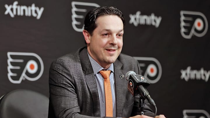 PHILADELPHIA, PENNSYLVANIA - MARCH 27: General Manager Daniel Briere of the Philadelphia Flyers addresses the media regarding the firing of Head Coach John Tortorella prior to an NHL game against the Montreal Canadiens at the Wells Fargo Center on March 27, 2025 in Philadelphia, Pennsylvania. (Photo by Len Redkoles/NHLI via Getty Images)