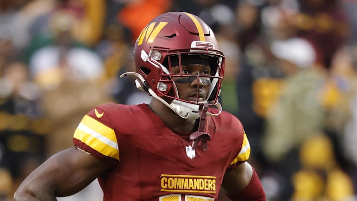Nov 10, 2024; Landover, Maryland, USA; Washington Commanders wide receiver Terry McLaurin (17) looks on from the field during final minute of the game against the Pittsburgh Steelers at Northwest Stadium. Mandatory Credit: Amber Searls-Imagn Images