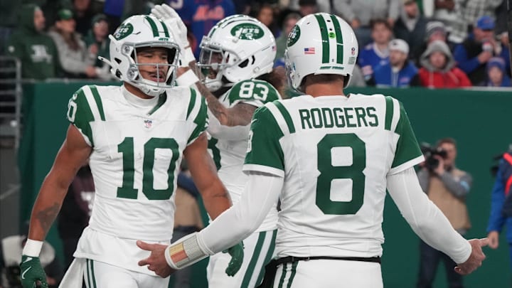 East Rutherford, NJ -- October 14, 2024 -- Allen Lazard of the Jets scored a TD in the first half on a pass from Aaron Rodgers. The Buffalo Bills came to MetLife Stadium to play the NY Jets. The Jets played their first game under new interim head coach Jeff Ulbrich.