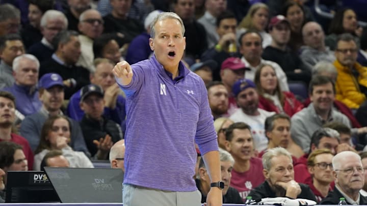 Jan 22, 2025; Evanston, Illinois, USA; Northwestern Wildcats head coach Chris Collins gestures to his team in a game against the Indiana Hoosiers during the second half at Welsh-Ryan Arena. Mandatory Credit: David Banks-Imagn Images