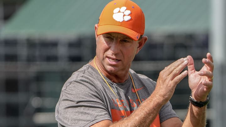 Clemson head coach Dabo Swinney during Clemson football 2025 practice at Jervey Meadows in Clemson, S.C. Wednesday, August 6, 2025.