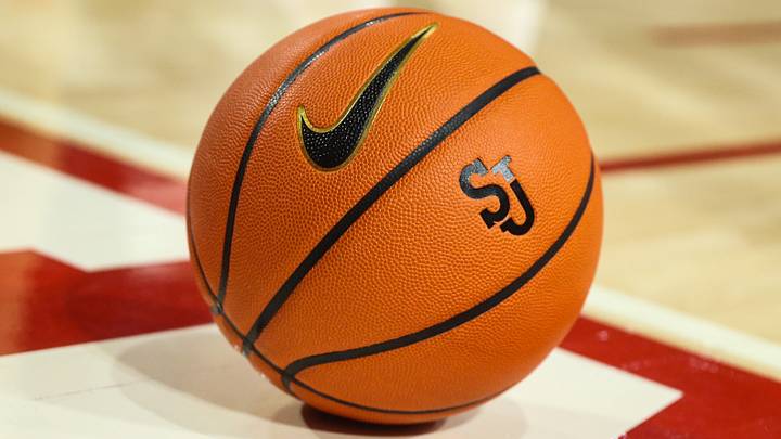 Jan 3, 2023; Queens, New York, USA; A basketball with the St. John's Red Storm logo at Carnesecca Arena. Mandatory Credit: Wendell Cruz-USA TODAY Sports Jan 3, 2023; Queens, New York, USA; A basketball with the St. John's Red Storm logo at Carnesecca Arena. Mandatory Credit: Wendell Cruz-USA TODAY Sports