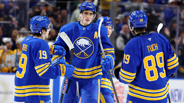 Buffalo Sabres forwards Peyton Krebs, Tage Thompson and Alex Tuch