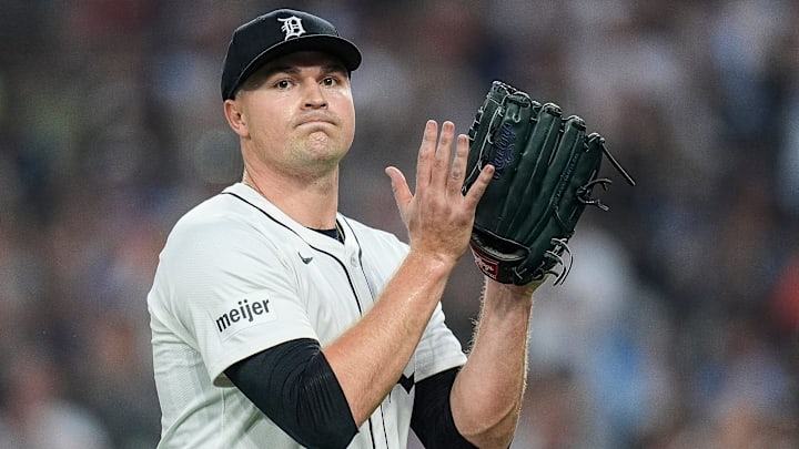 Detroit Tigers pitcher Tarik Skubal (29) walks off the field after a pitching change against Chicago Cubs during the eighth inning at Comerica Park in Detroit on Friday, June 6, 2025.