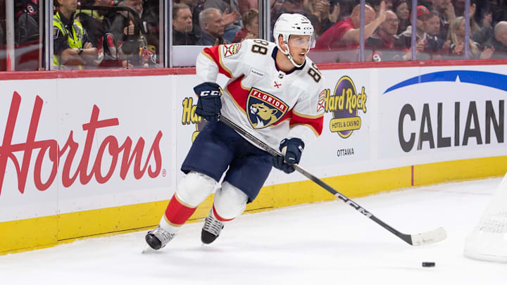 Oct 10, 2024; Ottawa, Ontario, CAN; Florida Panthers defenseman Nate Schmidt (88) skates with the puck in the first period against the Ottawa Senators at the Canadian Tire Centre. Mandatory Credit: Marc DesRosiers-Imagn Images