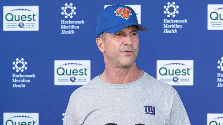 Jun 3, 2026; East Rutherford, NJ, USA; New York Giants head coach John Harbaugh talks with media after organized team activities at Quest Diagnostics Training Center.  