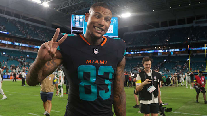 Sep 29, 2025; Miami Gardens, Florida, USA; Miami Dolphins tight end Darren Waller (83) reacts after the game against the New York Jets at Hard Rock Stadium. Mandatory Credit: Sam Navarro-Imagn Images