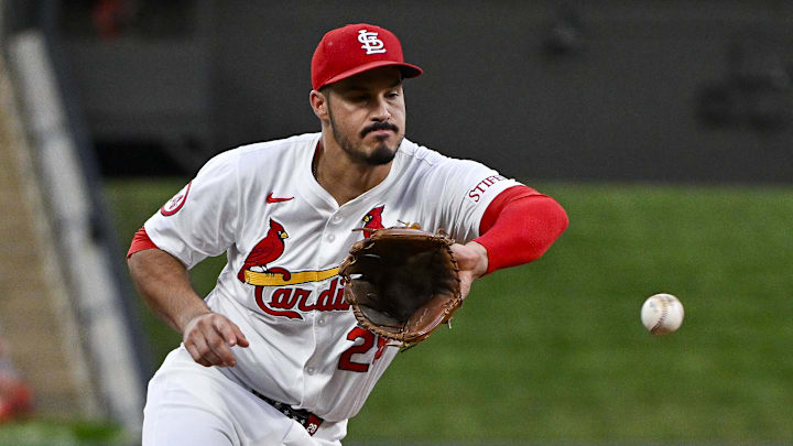 Sep 16, 2024; St. Louis, Missouri, USA; St. Louis Cardinals third baseman Nolan Arenado (28) fields a ground ball against the Pittsburgh Pirates during the first inning at Busch Stadium. Mandatory Credit: Jeff Curry-Imagn Images Sep 16, 2024; St. Louis, Missouri, USA; St. Louis Cardinals third baseman Nolan Arenado (28) fields a ground ball against the Pittsburgh Pirates during the first inning at Busch Stadium. Mandatory Credit: Jeff Curry-Imagn Images