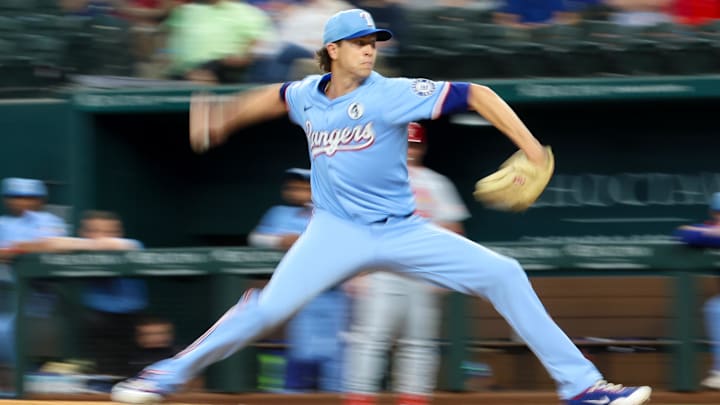Arlington, Texas, USA; Texas Rangers starting pitcher Jacob deGrom (48) throws during the first inning against the St. Louis Cardinals at Globe Life Field.