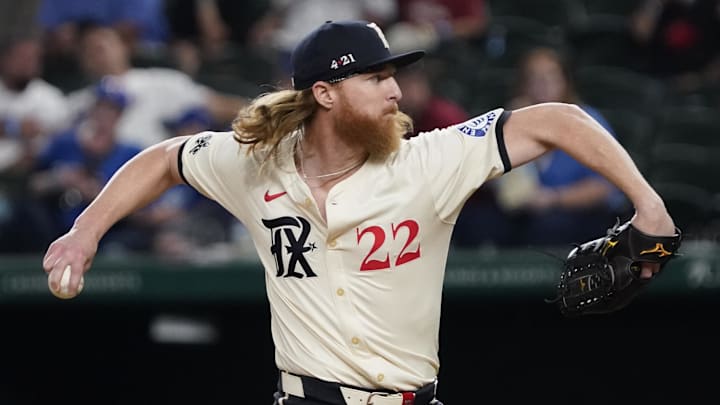 Jul 19, 2024; Arlington, Texas, USA; Texas Rangers pitcher Jon Gray (22) throws to the plate during the ninth inning against the Baltimore Orioles at Globe Life Field.