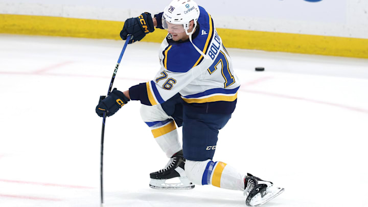 May 4, 2025; Winnipeg, Manitoba, CAN; St. Louis Blues right wing Zack Bolduc (76) warms up before a game against the Winnipeg Jets in game seven of the first round of the 2025 Stanley Cup Playoffs at Canada Life Centre. Mandatory Credit: James Carey Lauder-Imagn Images