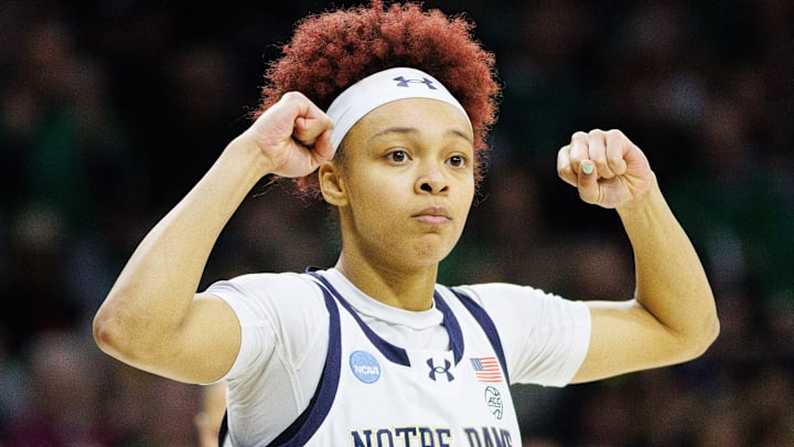 Notre Dame guard Hannah Hidalgo celebrates during the second round of the NCAA Women's Basketball Tournament between Notre Dame and Michigan at Purcell Pavilion on Sunday, March 23, 2025, in South Bend.