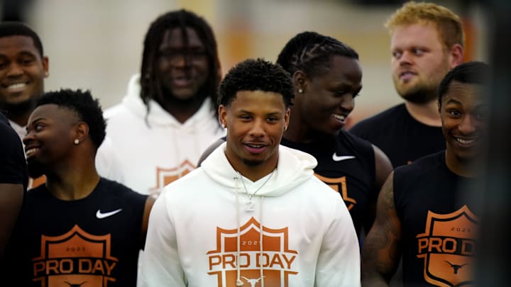 Former Longhorn WR Matthew Golden and his former teammates participate in the Texas Pro Day. Former Longhorn WR Matthew Golden and his former teammates participate in the Texas Pro Day.
