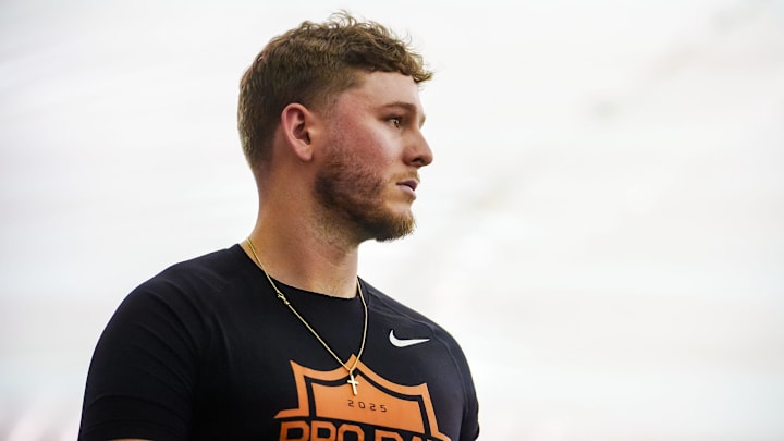 Former Longhorns Quinn Ewers participates in Texas' Pro Day at the Texas Football Training Facility on Tuesday, March 25, 2025.