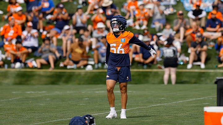 Jul 26, 2024; Englewood, CO, USA; Denver Broncos linebacker Levelle Bailey (56) during training camp at Broncos Park Powered by CommonSpirit. Mandatory Credit: Isaiah J. Downing-Imagn Images
