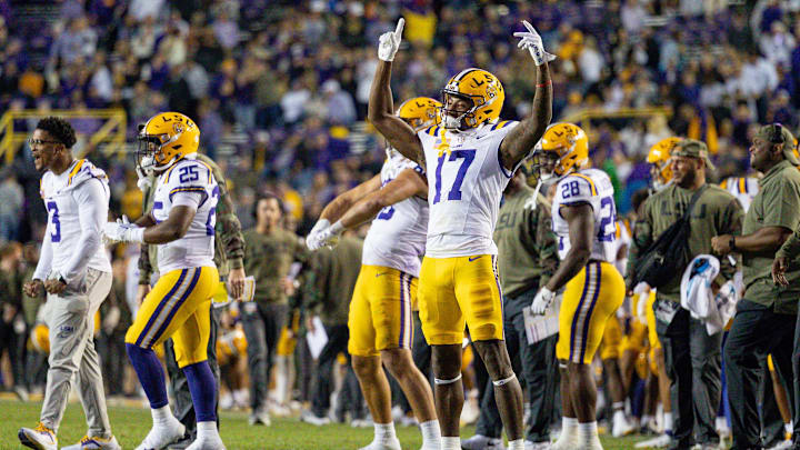 Nov 11, 2023; Baton Rouge, Louisiana, USA; LSU Tigers wide receiver Chris Hilton Jr. (17) reacts to a touchdown in the final minute against the Florida Gators during the second half at Tiger Stadium. Mandatory Credit: Stephen Lew-Imagn Images Nov 11, 2023; Baton Rouge, Louisiana, USA; LSU Tigers wide receiver Chris Hilton Jr. (17) reacts to a touchdown in the final minute against the Florida Gators during the second half at Tiger Stadium. Mandatory Credit: Stephen Lew-Imagn Images