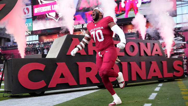 Arizona Cardinals offensive tackle Paris Johnson Jr. (70) is introduced before playing against the New York Jets at State Farm Stadium in Glendale on Nov. 10, 2024.