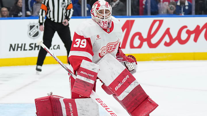 Apr 17, 2025; Toronto, Ontario, CAN; Detroit Red Wings goaltender Cam Talbot (39) follows the play against the Toronto Maple Leafs during the first period at Scotiabank Arena. Mandatory Credit: Nick Turchiaro-Imagn Images
