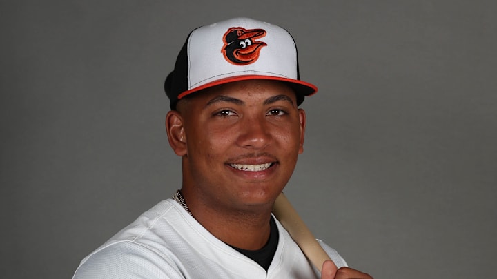 Sarasota, FL, USA; Baltimore Orioles catcher Samuel Basallo (72) poses for photo during media day at Ed Smith Stadium.